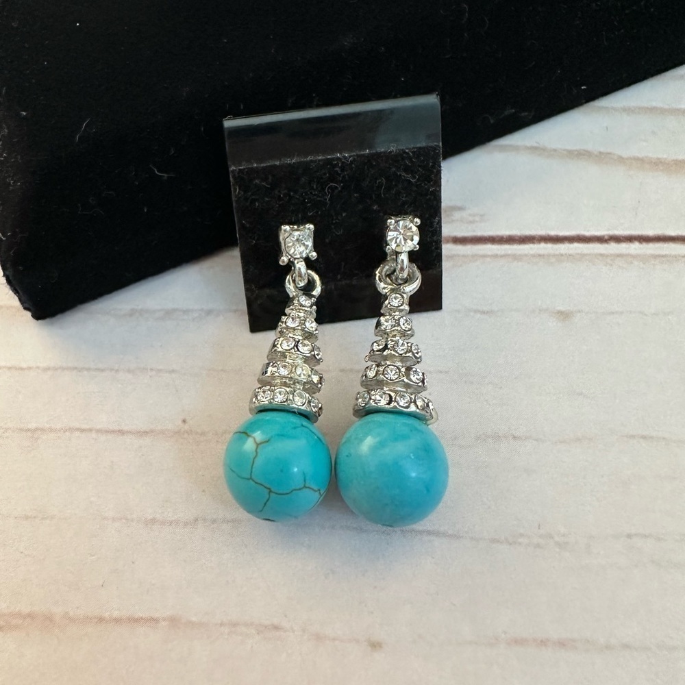 Faux Turquoise With Clear Stones Silver Dangling Pierced Casual Earrings